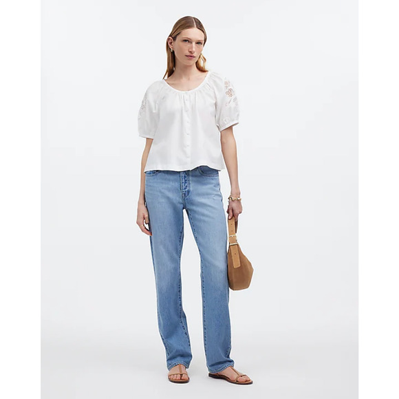 Madewell Puff Sleeve A Line Top Embroidered Poplin White Cottagecore Medium NWT - Picture 4 of 14